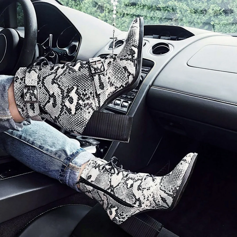Wild Diva Black and White Snake Print Ankle Boots